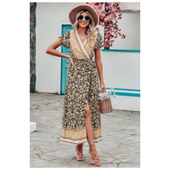 PRETTYGARDEN Women Boho Summer Side Split Deep V Neck Short Sleeves Maxi Dress - Picture 1 of 9